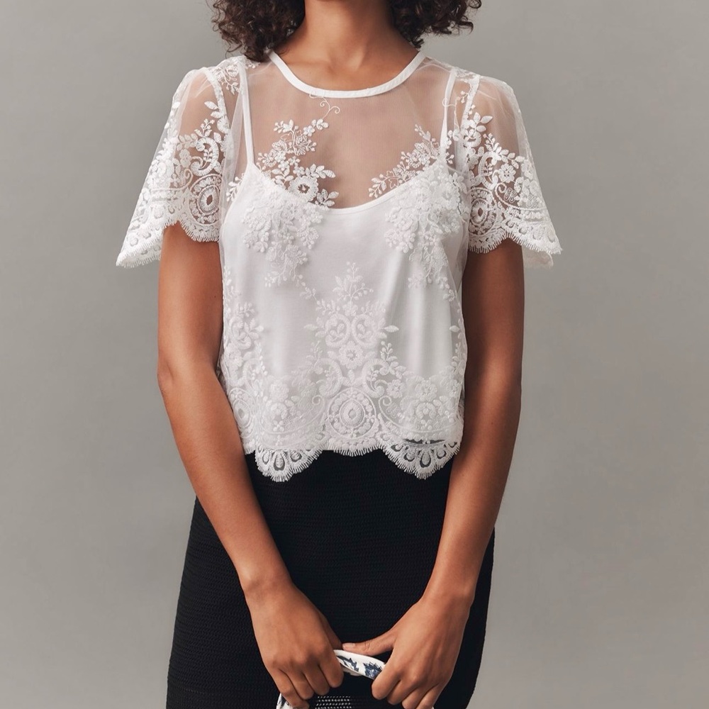 Anthropologie Sheer White Floral Blouse